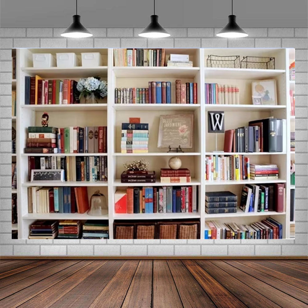 Home Office Zoom Background Free - White Bookshelf Photography Backdrop Bookcase Banner