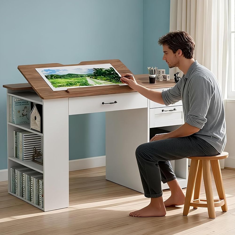 Home Office Art - Adjustable Desk with Storage and Open