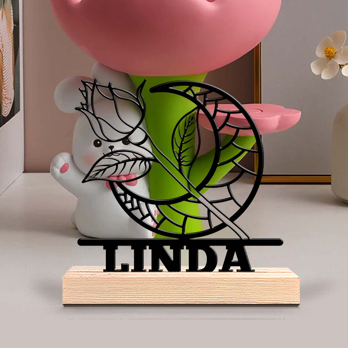 Home Office Art - 1Pc Csutom Moon Rose Wooden Base